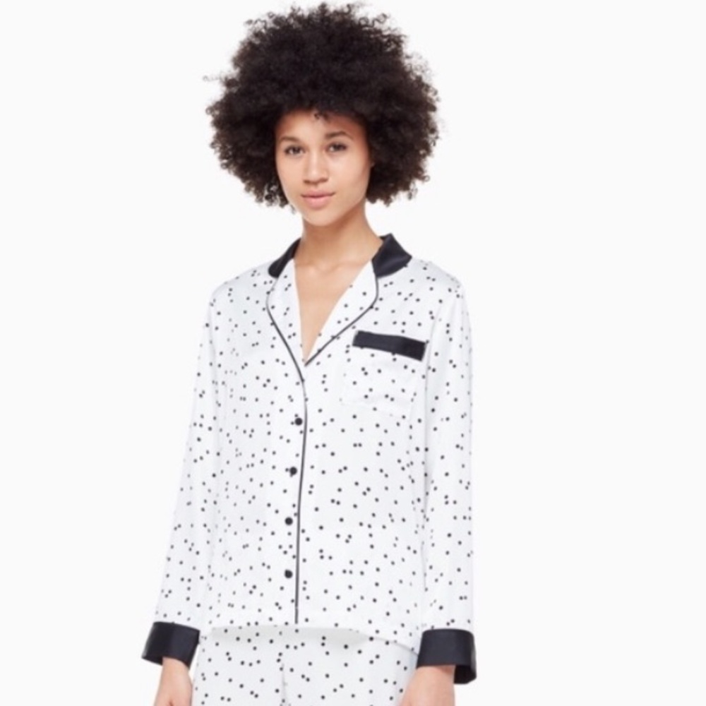 Kate Spade New York Pajama Top Jacket Satin polka Dot Black White Pocket Small
